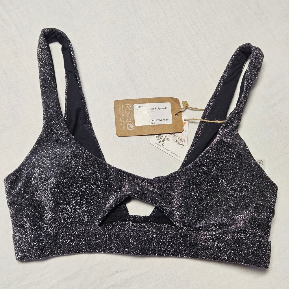 Berlook Bikini Top Womens Small Black Silver Metallic Cutout Recycled Shimmer